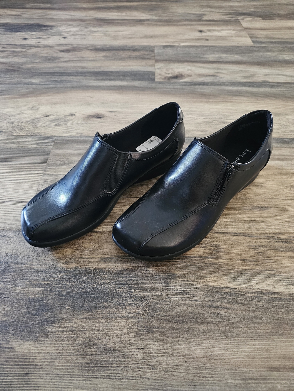 NWT Kate Ann Women's Black Leather Comfort Slip On Shoes Size 7M Side Zip Loafer
